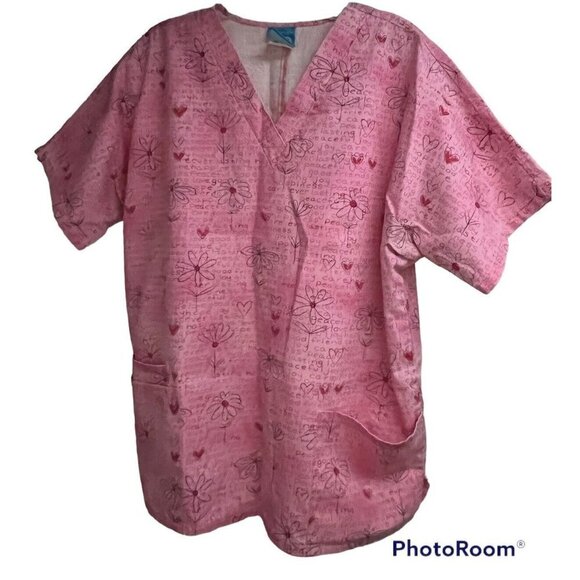 Lot of 2 Women Pink Hearts Floral V-Neck Scrub Tops Shirts Medium Pockets Cotton - Picture 6 of 10